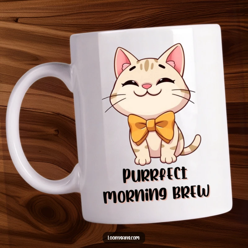 Funny cat bowtie mug featuring a grinning cartoon cat wearing an oversized bowtie in a silly, charming pose, perfect for cat lovers.