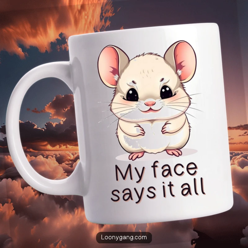 Funny chinchilla cub making a funny face, comical and cute, perfect funny mug gift.