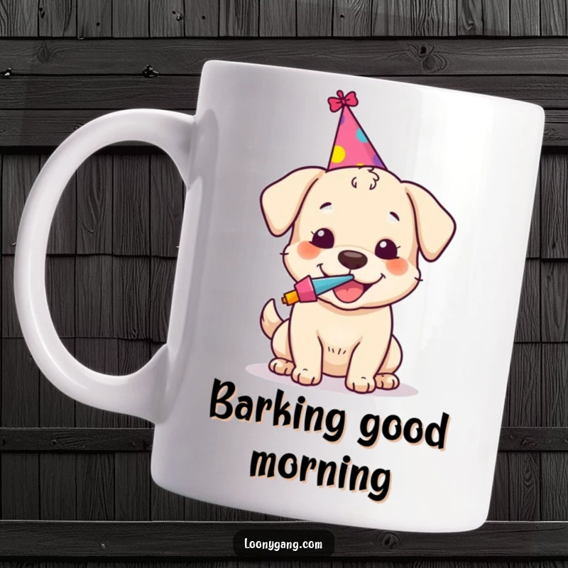 Funny mug featuring a happy dog in a tiny party hat, joyfully blowing a colorful noisemaker, embodying pure celebration.
