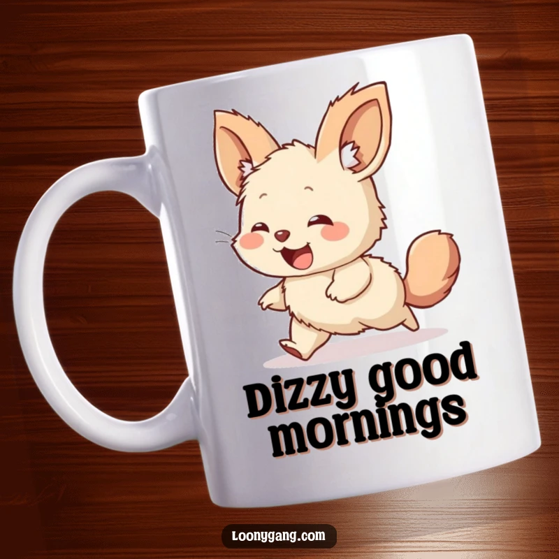Funny mug with a giggling, furry creature, oversized ears, happily chasing its own tail in a comical, dizzying spin.