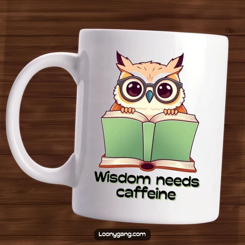 Funny mug featuring a cute owl with crooked glasses peeking over a large book, looking studious and wise.