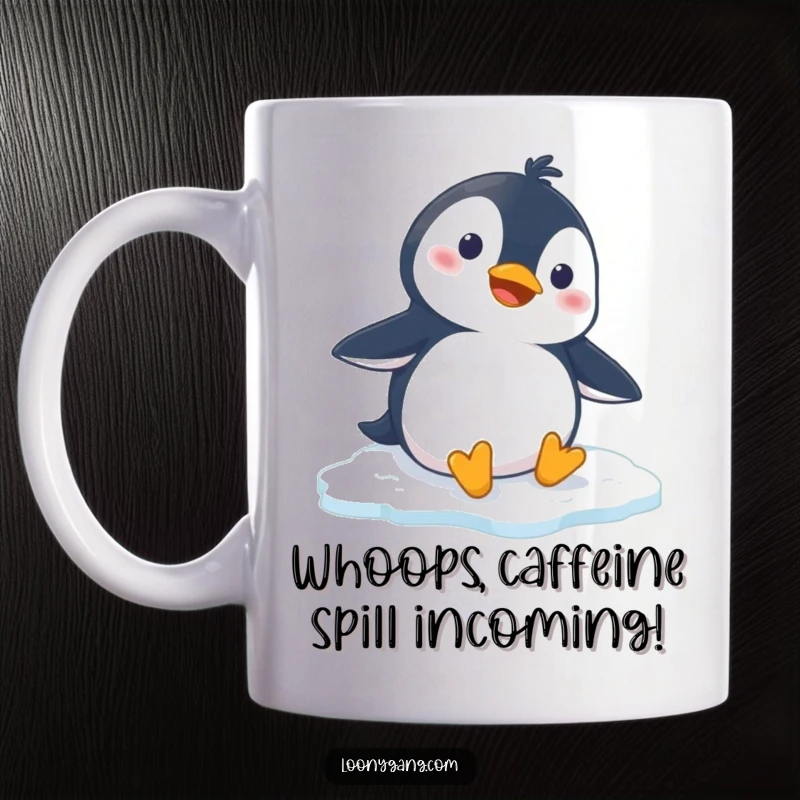Funny penguin mug featuring a cartoon penguin comically slipping on ice with a shocked facial expression, perfect for gift giving.