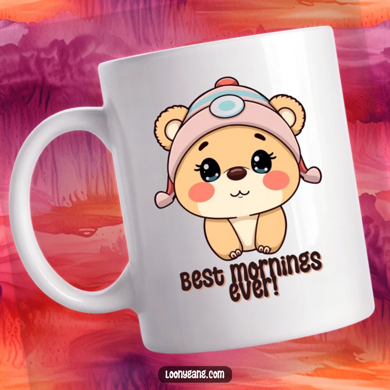 Funny bear cub wearing a propeller beanie, looking comically surprised and delighted on a coffee mug.