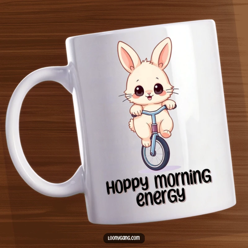 Funny rabbit unicycle mug featuring a fluffy bunny with wide eyes, precariously balancing on a unicycle, perfect for circus lovers.