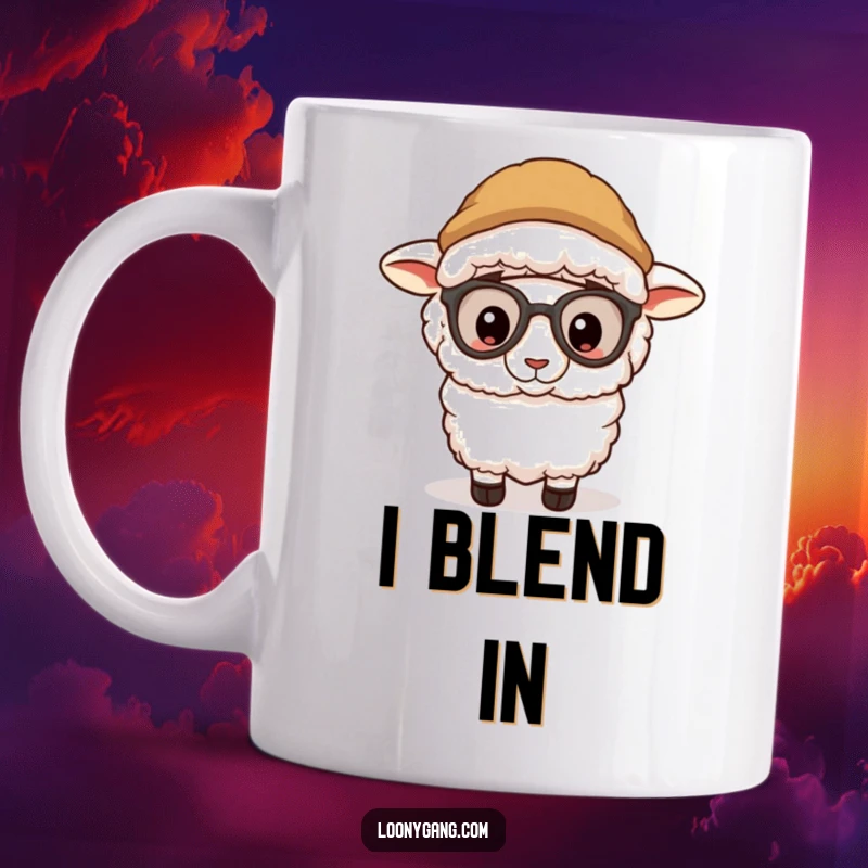 Funny sheep wearing a funny disguise and peeking out playfully from behind something, a humorous mug for a funny gift.
