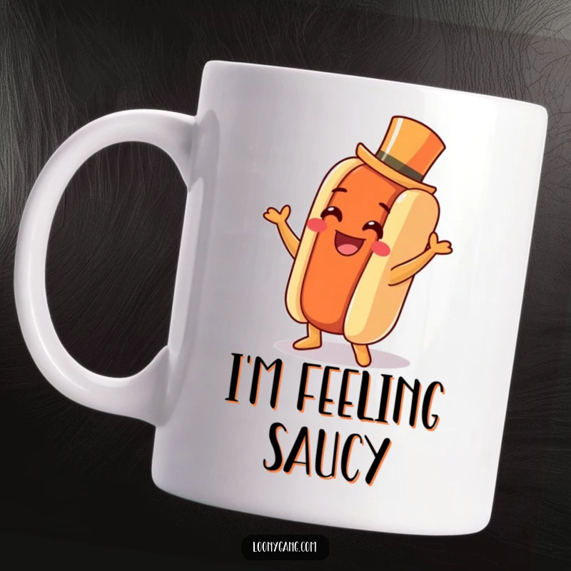 Funny Hot Dog Jig Mug: A grinning hot dog wearing a tiny top hat dances a jig, bringing festive humor to your mug.
