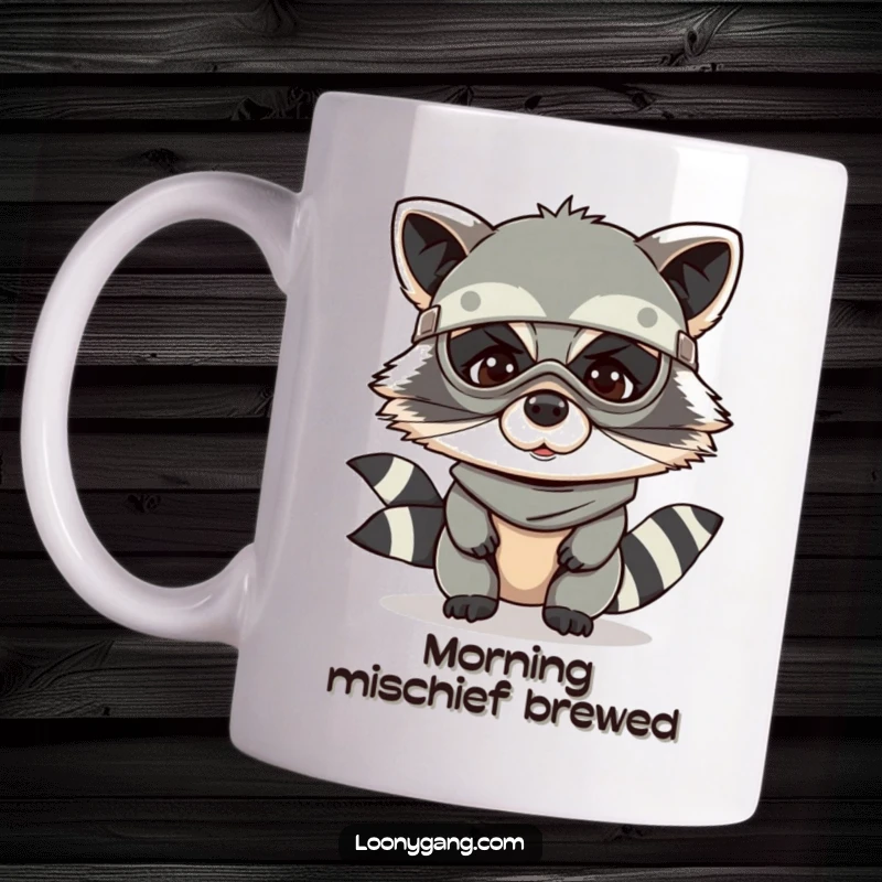 Funny raccoon mug with a giggling raccoon character wearing a bandit mask, looking incredibly mischievous and playful.