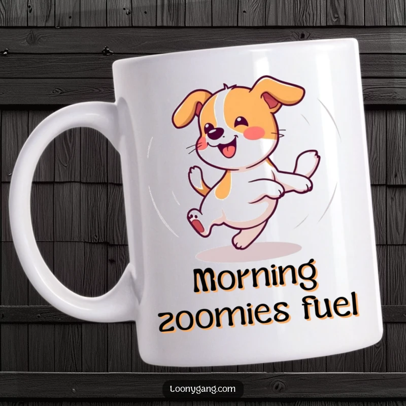 Funny Wobbly Dog Mug featuring a happy dog spinning in a dizzy circle, hilariously chasing its own tail with infectious energy.