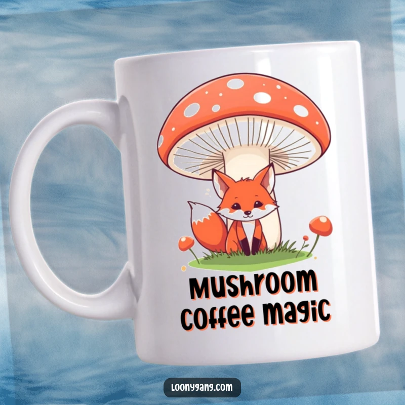 Funny fox mug showing a sly red fox peeking from behind a giant, comical mushroom in a whimsical forest scene. Ideal for lovers of funny fantasy and animal mugs.