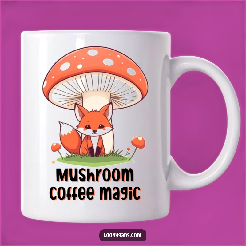 Funny Fox Mug: Whimsical Fox Behind Giant Mushroom, Magical & Humorous Gift
