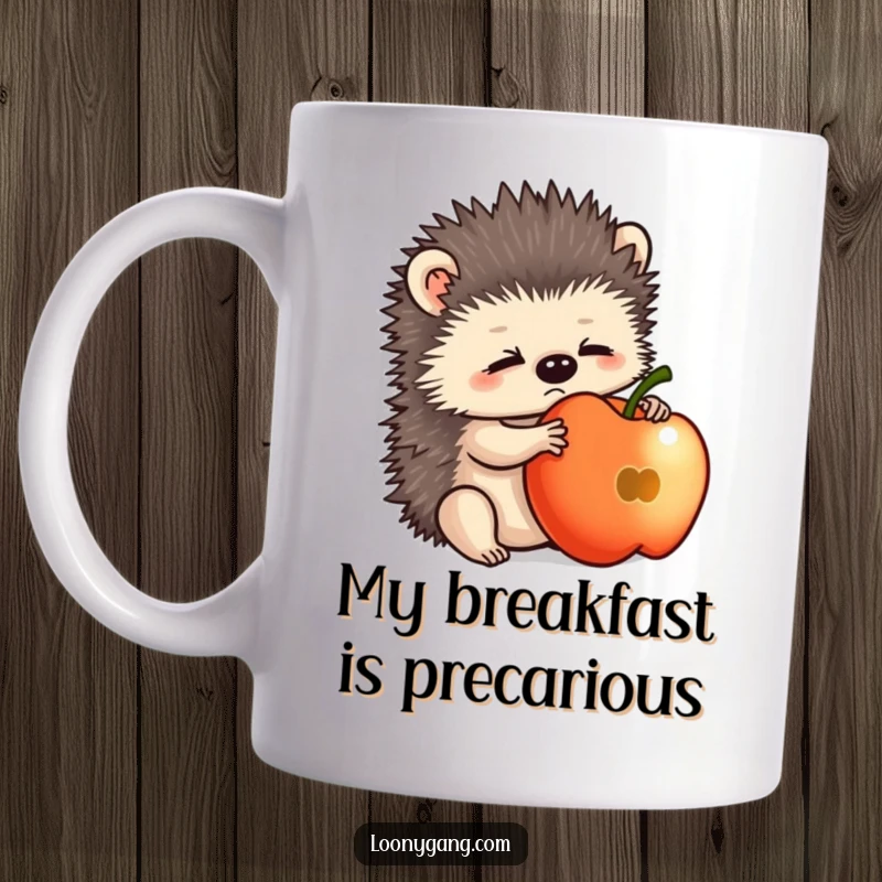 Funny hedgehog cub trying to balance an apple on its nose, looking bewildered and adorable on this mug.