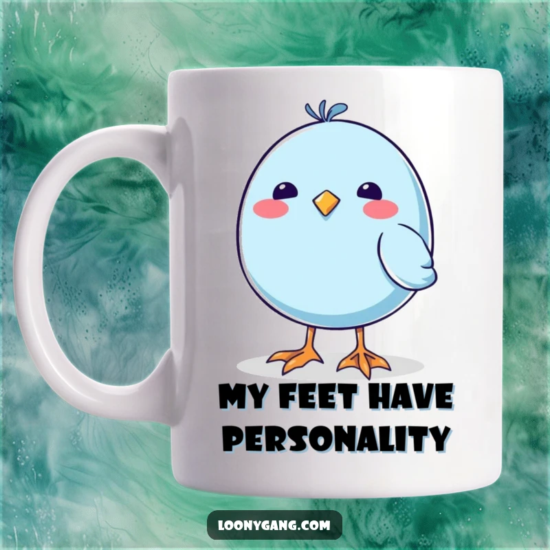 Funny Blue Bird Mug featuring a round, blue bird with comically large, wobbly feet in a cheerful pose, a perfect gift.