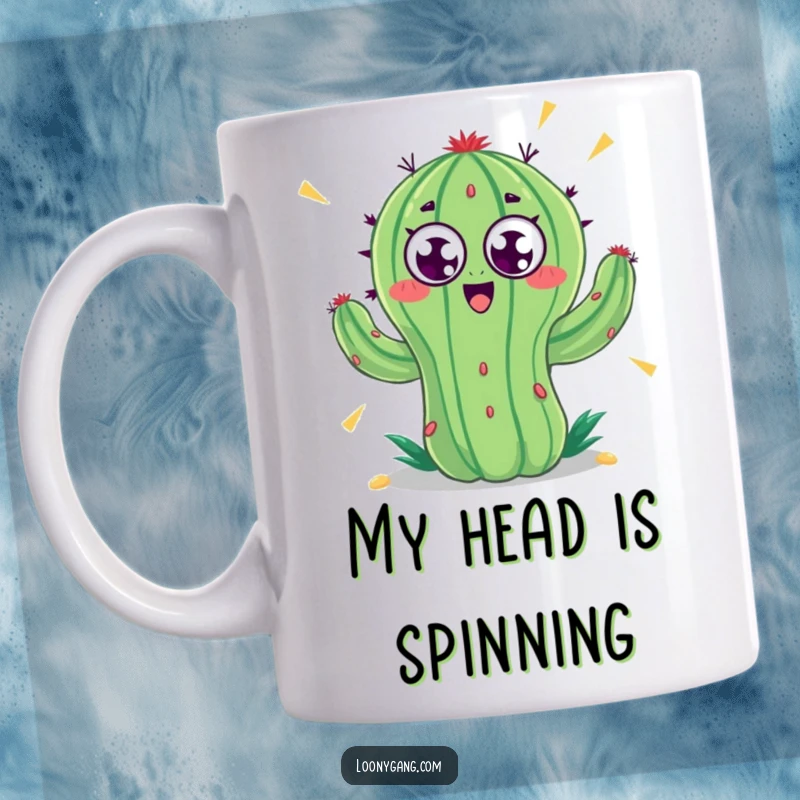 Funny mug with a deranged cactus, its googly eyes spinning at full speed, about to lose its mind. A chaotic and amusing illustration.