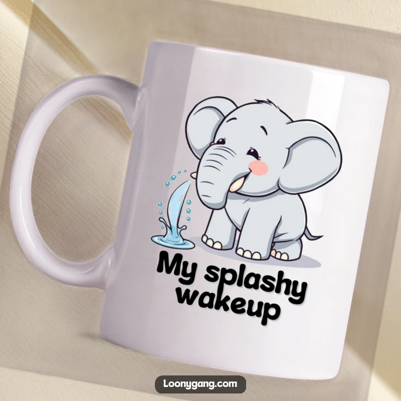 Funny Elephant Mug: Comical elephant giggles while spraying water from its trunk playfully.