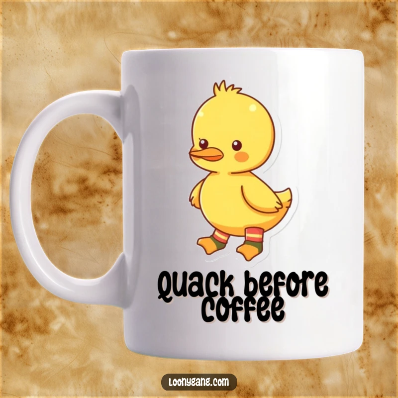 Funny bright yellow duckling mug wearing mismatched socks, radiating playful energy and charming eccentricity. A hilarious funny mug.