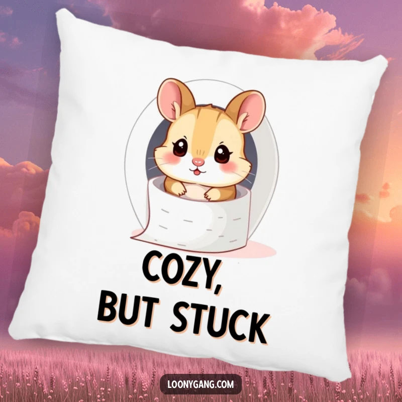 Funny hamster cub comically stuck inside a toilet paper roll, perfect for a soft and decorative pillow.