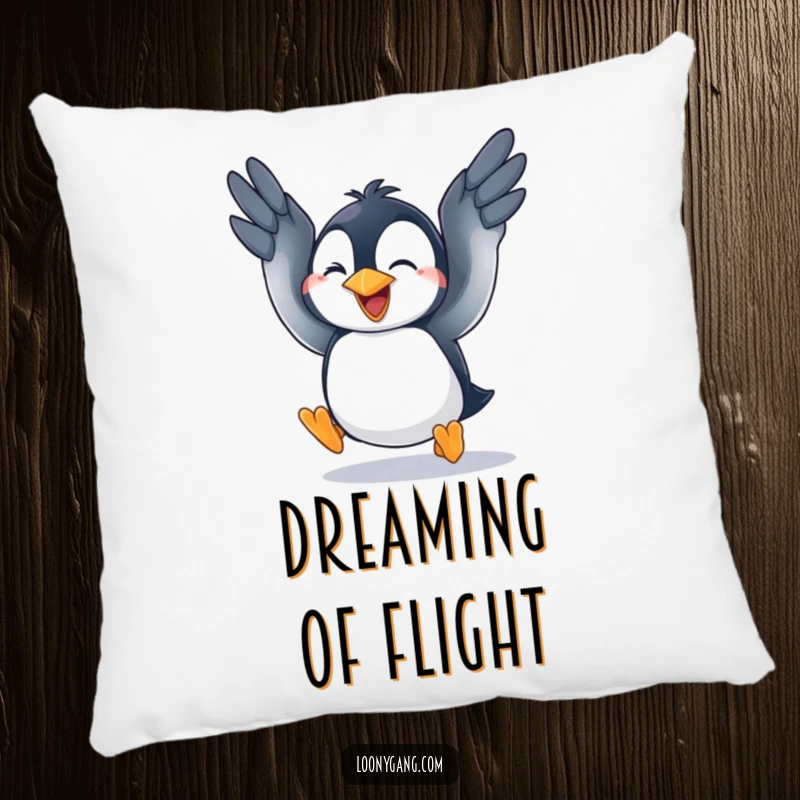 A soft, plush pillow featuring a funny penguin cub energetically flapping its wings, attempting to fly with a determined look.