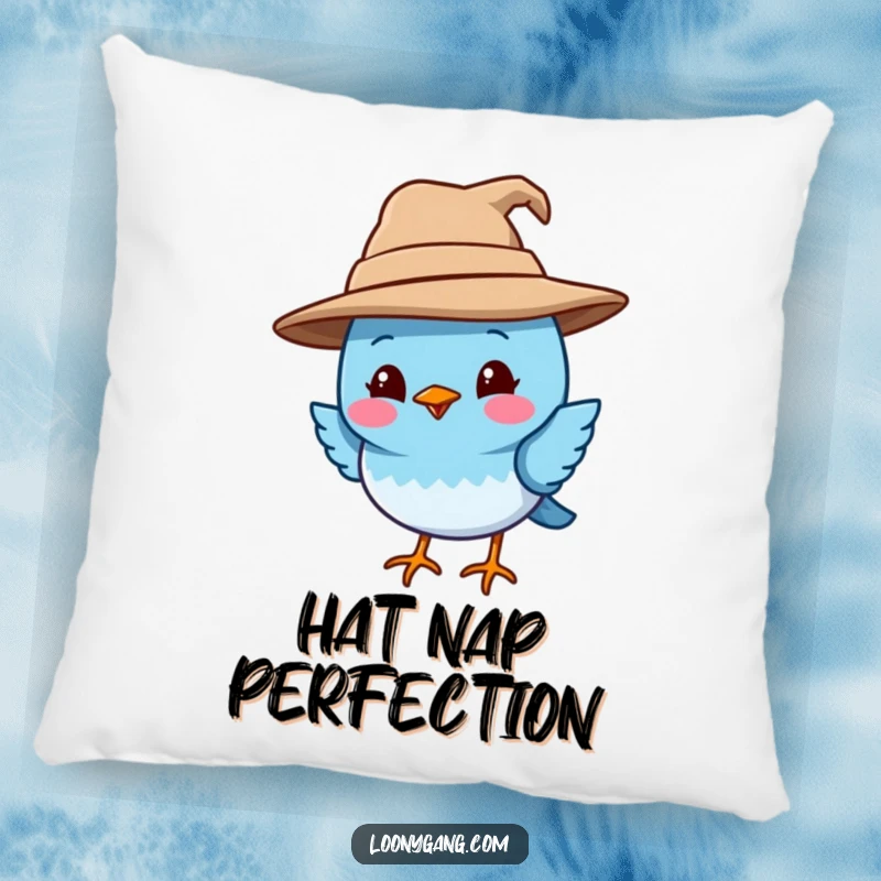Funny blue bird pillow featuring a smiling blue bird wearing a giant, crooked hat, offering comfort and quirkiness. Perfect for adding a funny accent to sofas or beds.