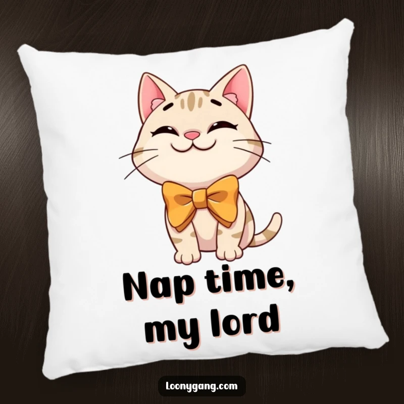 Funny cat bowtie pillow depicting a grinning cartoon cat wearing a large, silly bowtie, adding comfort and humor to any space.