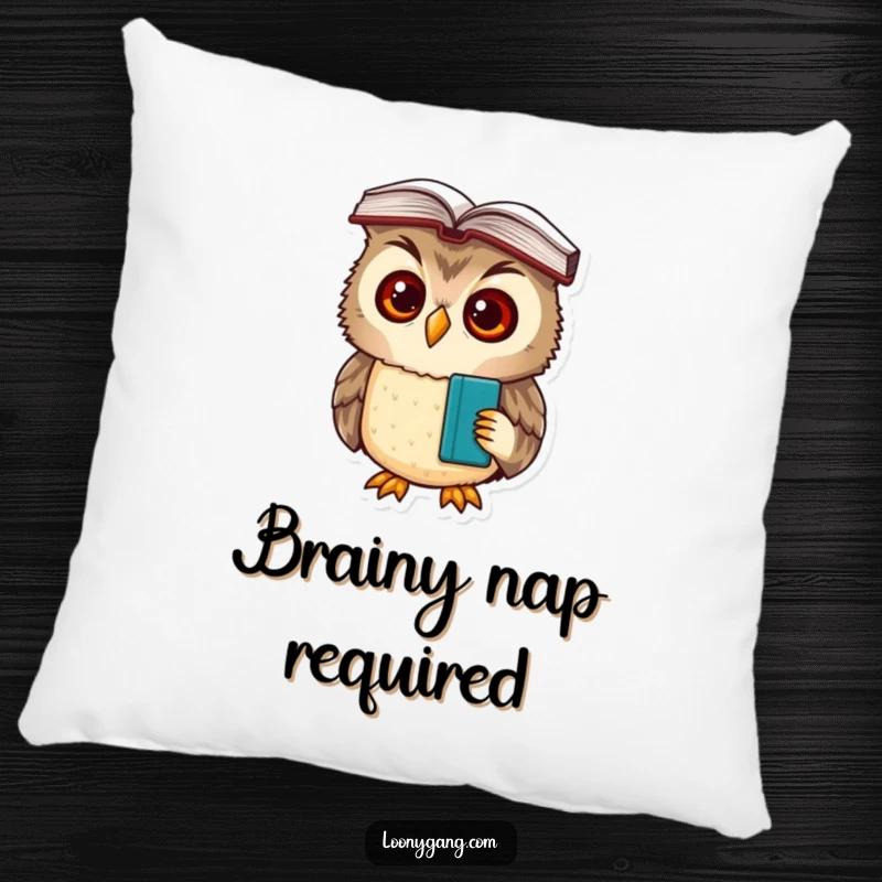 A soft, plush pillow featuring a funny, bewildered owl cub with a book balanced perfectly on its head.