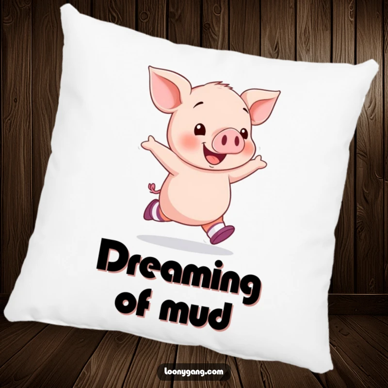 Funny piglet socks pillow featuring a happy piglet skipping with mismatched socks, offering comfort and delightful humor.