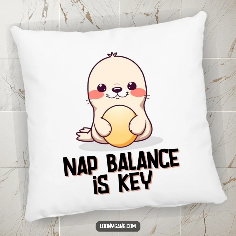 Funny Pillow showing a cute seal with exaggerated wobble, balancing a ball on its nose, perfect for a cozy laugh.