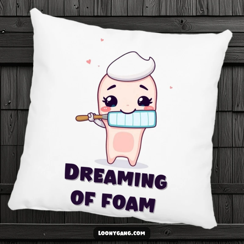 Funny animated toothbrush with a wide, silly smile brushing air, on a soft and decorative pillow.