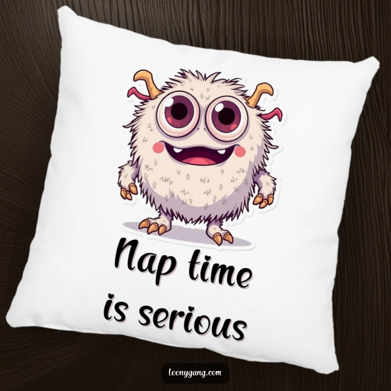 Funny fuzzy monster with too many eyes tripping over its feet, on a soft and decorative pillow.