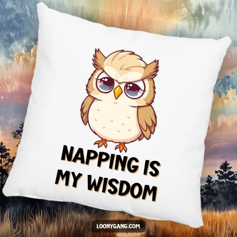 Funny owl pillow in a flustered state with a large feather, offering cozy comfort with a side of relatable, humorous disarray. A soft funny friend.