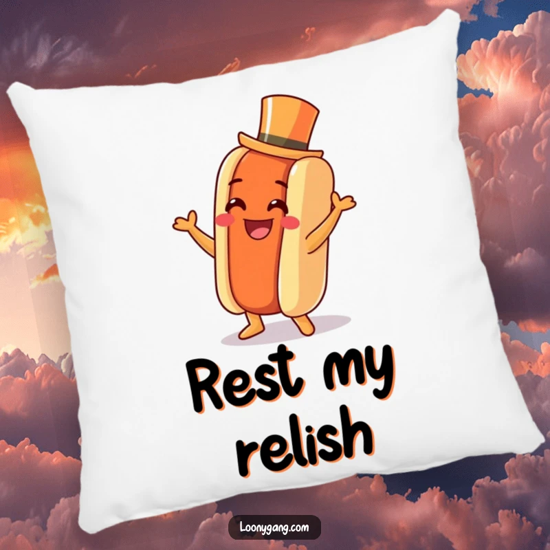 Funny Hot Dog Jig Pillow: A soft cushion with a grinning hot dog, tiny top hat, dancing a jig, perfect for festive comfort.