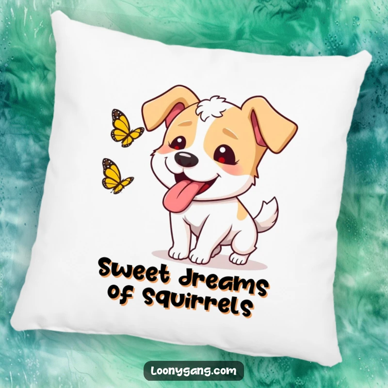 Funny dog butterfly pillow featuring a goofy dog with its tongue hanging out, chasing a butterfly, offering comfort and humor.