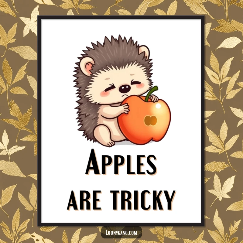 Funny hedgehog cub comically balancing an apple, creating a humorous and adorable digital art print.