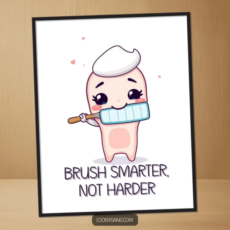 Funny animated toothbrush with a wide, silly smile brushing air, as a vibrant and humorous digital art print.