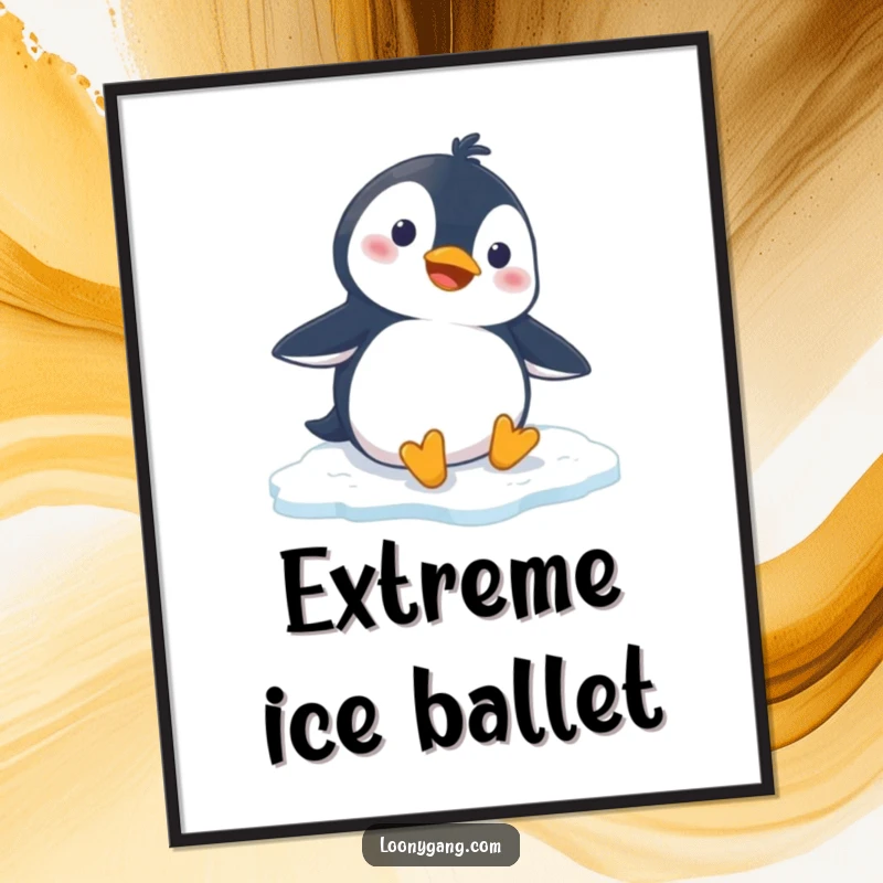 Funny penguin digital art print featuring a cartoon penguin slipping comically on ice, perfect for instant, humorous wall decor.