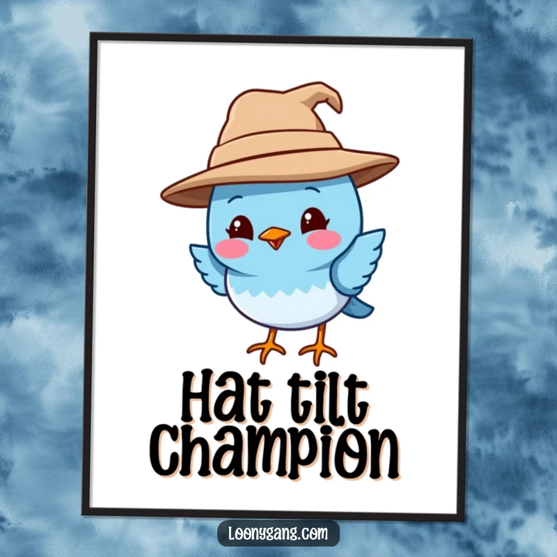 Funny blue bird digital art print of a smiling blue bird wearing a comically oversized and crooked hat, perfect for instant download wall decor. Adds whimsy and humor to any room.