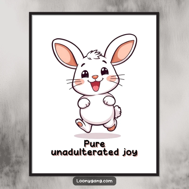 Funny digital art print of a smiling bunny with oversized ears, mid-hop in a delighted leap, full of joy.