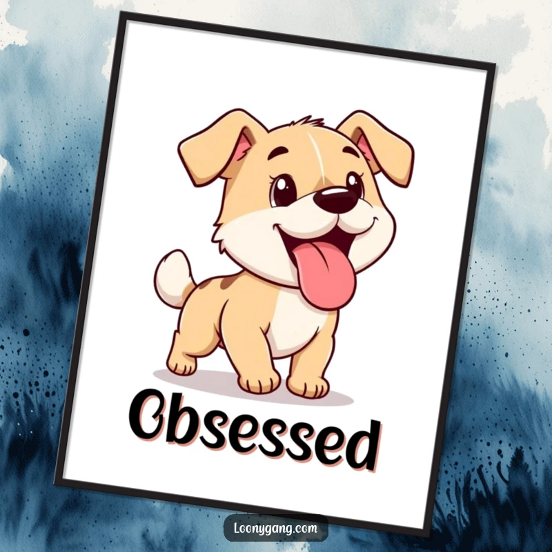 Funny cartoon dog, tongue lolling out, chasing its tail, ready to be printed as joyful digital art.