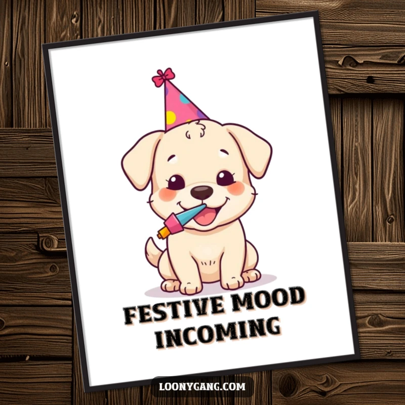 Funny digital art print of a happy dog in a party hat, blowing a noisemaker, capturing pure celebration and fun.