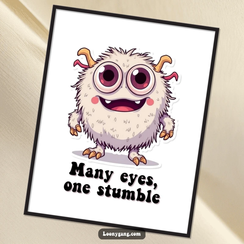 Funny fuzzy monster with too many eyes comically tripping over its feet, as a charming digital art print.