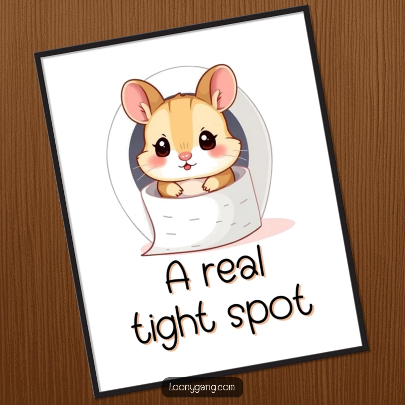 Funny hamster cub hilariously stuck inside a toilet paper roll, creating a comical and adorable digital art print.