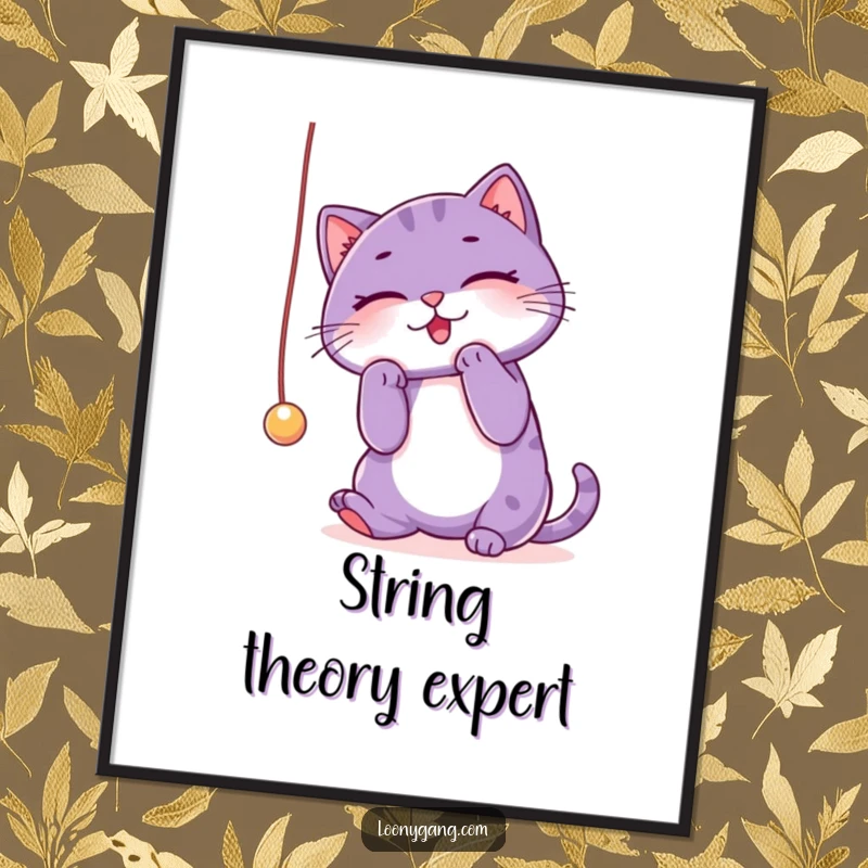 Funny purple cat digital art print showing a playful cat batting at a string, capturing pure feline joy and humor. Instant download art.