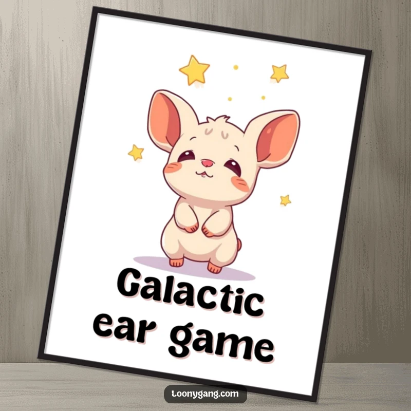 Funny creature with large cupped ears trying to catch falling stars, printable art for magic lovers.