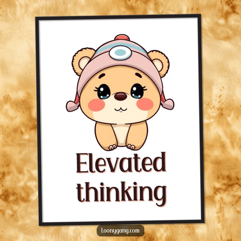 Funny bear cub wearing a propeller beanie, caught in a moment of delightful surprise, ready to be printed.