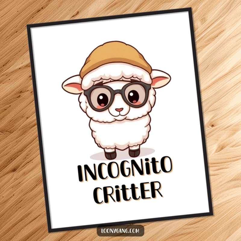 Funny sheep wearing a silly disguise and peeking out from a digital art print, a whimsical and funny gift.
