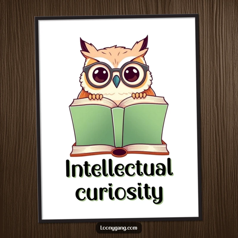 Funny digital art print of an owl with crooked glasses peering over a large book, ideal for wall decor.