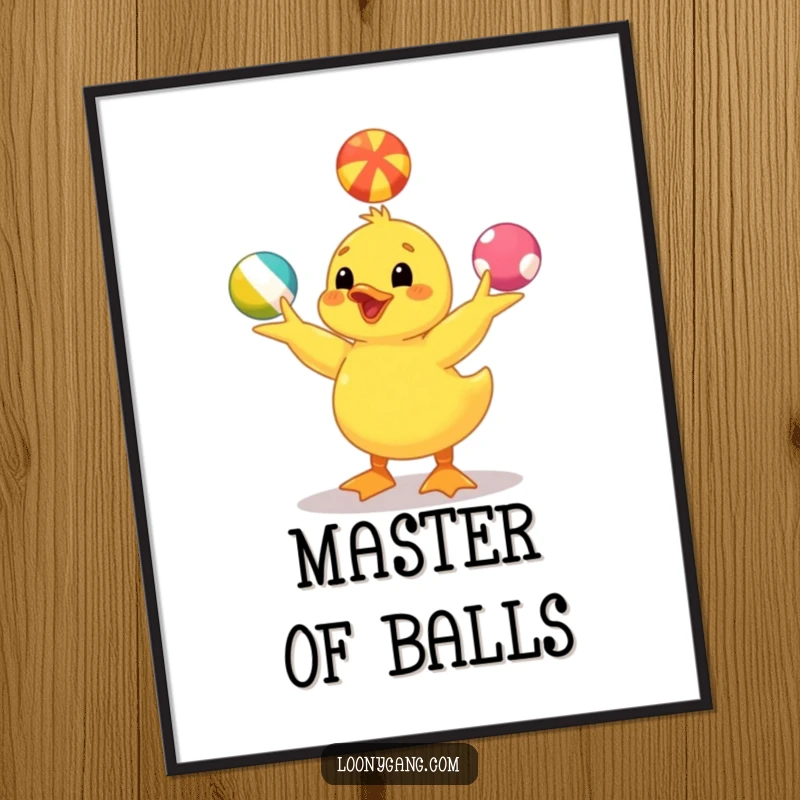 Funny yellow duckling digital art print capturing a happy duckling juggling balls, radiating pure joy and humor. Instant download art.