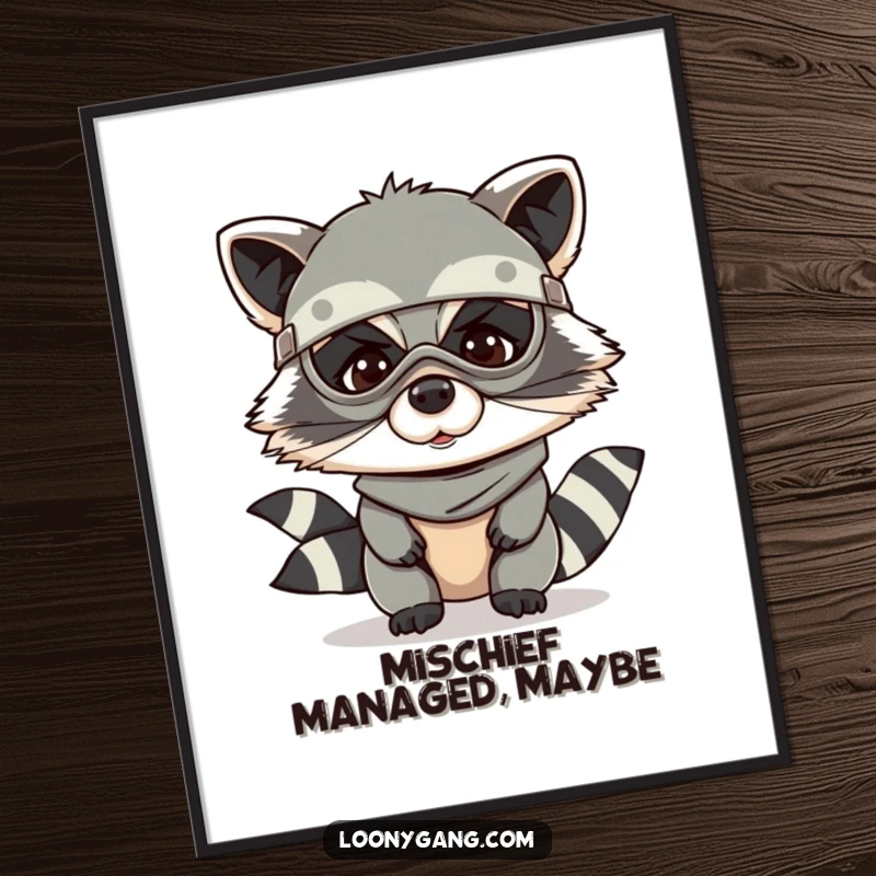 Funny digital art print of a giggling raccoon wearing a bandit mask, ideal for wall decor.