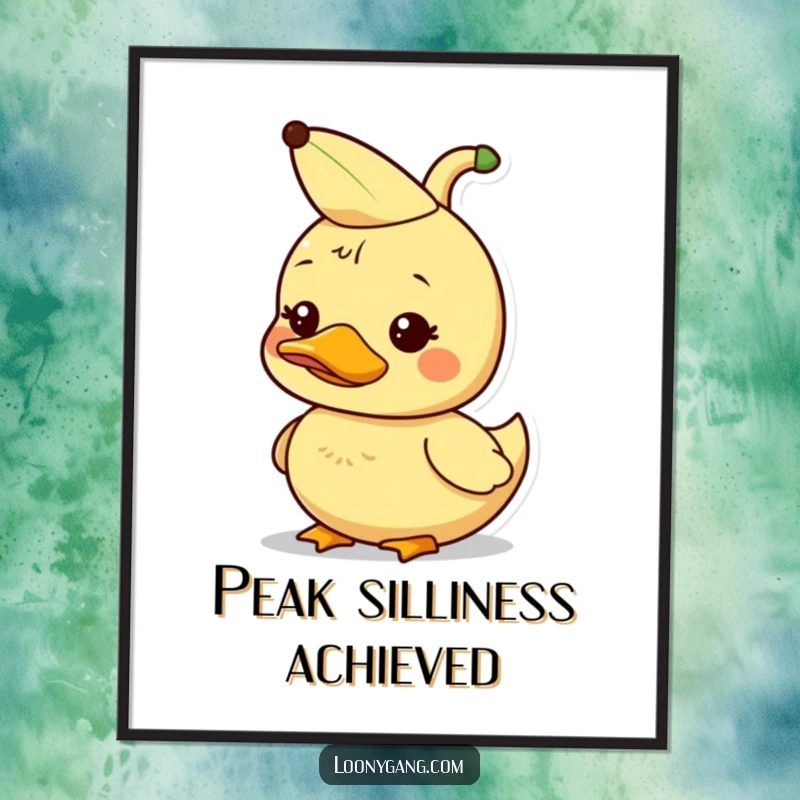 Funny dorky duckling with banana peel hat, artistic digital print, instant decor.