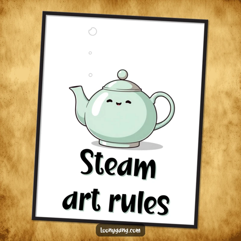 Funny Eccentric Teapot Digital Art Print: An eccentric teapot whistles dramatically with steam, offering instant theatrical wall art.