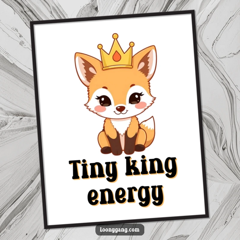 Funny fox cub wearing a tiny crown looking proud, a digital art print perfect for a funny gift.